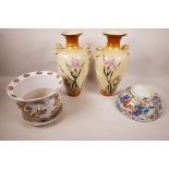A pair of Japanese porcelain vases with lion's mask handles, 12" high, painted with irises, together