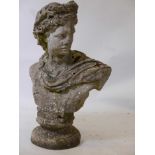 A weathered reconstituted stone bust of Apollo Belvedere, 33" high