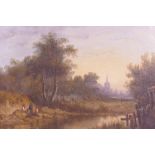 Attributed to James Ward RA (British, 1769-1859), river scene with three figures on the bank and a