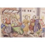 Figures by a vegetable stall, signed Claudia Williams, unframed ink and watercolour, 12" x 14"