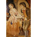 A mid C20th tapestry of an C18th couple of lovers beside a well, 26" x 20"