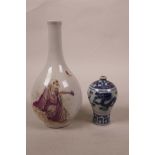 A Chinese polychrome porcelain stem vase decorated with a sage in pink robes, together with a