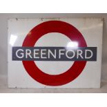 A large original enamel London Underground sign of 'Greenford', 60" x 46"