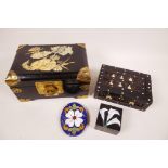 An Oriental inlaid black lacquer jewellery box with brass bound corners, 8" x 5½" x 4", together