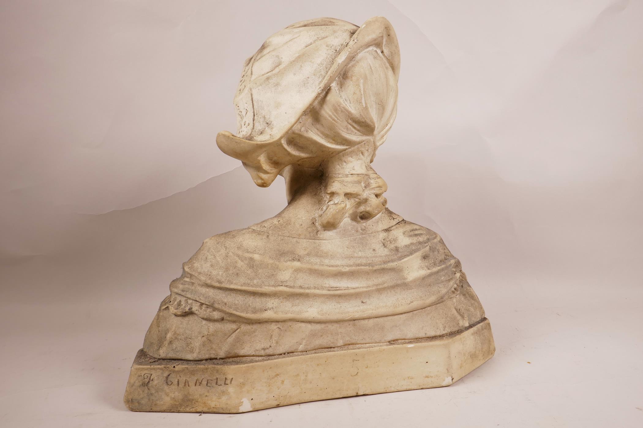A C19th decorative bust of a Dutch lady in traditional dress, signed J. Gianelli, plaster cast, - Image 3 of 5