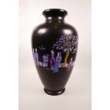 A soft paste vase with chinoiserie decoration on a black ground, 15" high