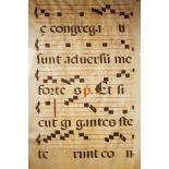 A sheet of music from the C16th, hand coloured on vellum, likely produced in a medieval monastery as