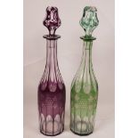 Two Bohemian overlay cut glass wine decanters, 14" high