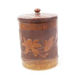 A Chinese carved bamboo tobacco box and cover decorated with birds and flowers, 6" high