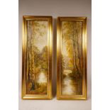 C20th English School, autumnal trees and river scenes, two panels, oil on canvas, 21" x 6"