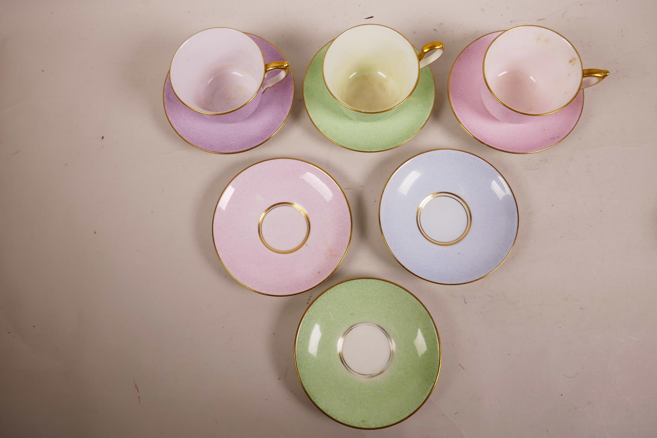 A 1930s Paragon China part tea set, sponged pastel colours of pink, lilac, green and blue, with gilt - Image 4 of 4