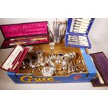 A box of good quality silver plate including an antler handled carving set, box, hallmarked silver