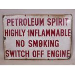 A vintage enamel garage sign, 'Petroleum Spirit, no smoking, 20" x 30"