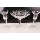 A Waterford cut crystal long stem tazza, 5½" high x 6" diameter, together with a pair of Waterford