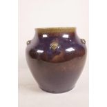 A Chinese purple glazed pottery vase, seal mark to base, 7½" high