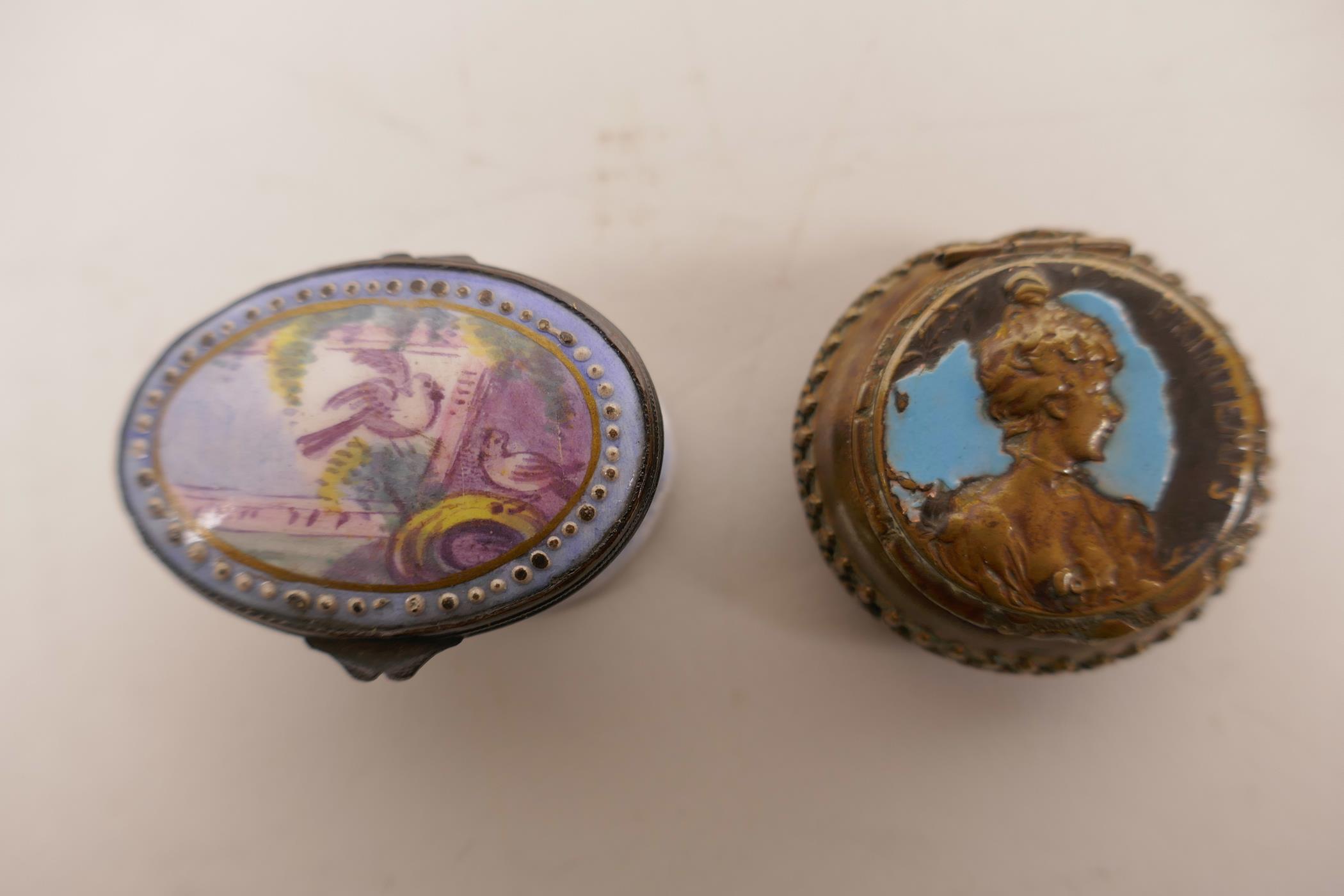 Two C19th enamel patch boxes, and a large enamelled Naples box decorated with cherubs and a Roman - Image 4 of 6