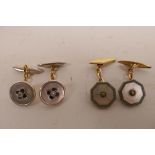 One pair of Art Deco platinum, gold, sapphire and diamond cufflinks, stamped 18ct 6g, along with a