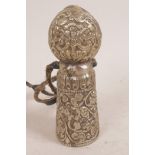 A Chinese white metal seal with chased and engraved decoration of animals and floral scrolls, 4"