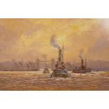 Keith Burtonshaw, 'London River', steam tugs on the Thames, 15" x 11"