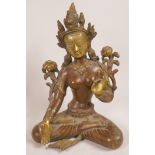 A Sino-Tibetan bronze figurine of the goddess Quan Yin seated in meditation, 10" high