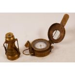 A replica brass military sighting compass and small brass telescope, 3"