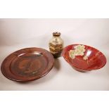 A large studio pottery shallow bowl, 15½" diameter, together with a studio pottery bowl with incised