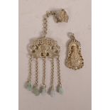 A Chinese white metal chatelaine pendant with bat decoration and gourd shaped green jade drops,