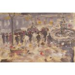 Figures at a town square, signed 'Riccardi', oil on canvas, 12" x 15½"