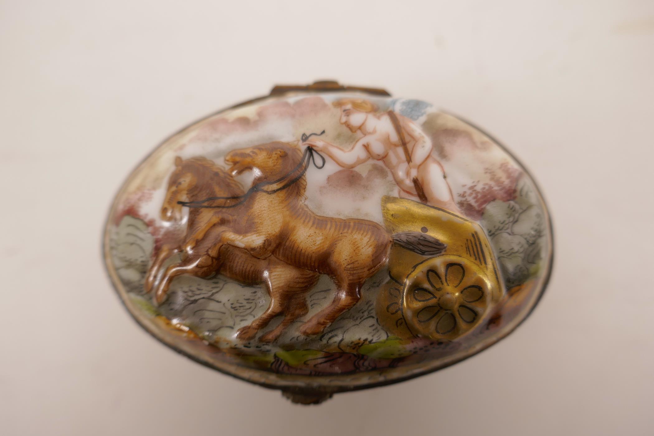 Two C19th enamel patch boxes, and a large enamelled Naples box decorated with cherubs and a Roman - Image 3 of 6
