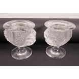 A pair of Lalique glass candlesticks in the shape of lion's mask urns, signed Lalique France, 4"