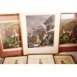 Three coloured engravings after Hogarth, largest 15" x 20", and three portrait engravings of C19th