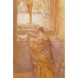 'The light Beyond', figure kneeling in prayer in front of a stained glass window, titled and