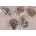 Five pairs of Tibetan white metal and stone set earrings