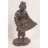 A Japanese bronze figurine of a lady carrying a tray, 10½" long