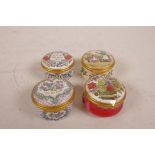 Four Halcyon Days enamelled copper trinket boxes, Mother's Day and Valentine's Day, A/F, 1" high