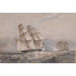 A C19th chromolithograph of a naval encounter titled 'H.M. Brig Acorn 16 guns in chase of the