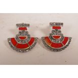 A pair of silver Art Deco style earrings set with marcasite and enamel