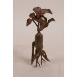 A Japanese bronzed copper okimono of a root vegetable, 3"