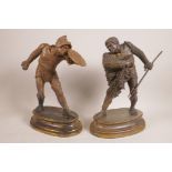 A pair of bronze figurines of Roman gladiators, 13" high (faults)