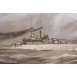 Battleship at sea, signed E. Tuffnell, watercolour and gouache, 7" x 13½"