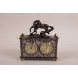 A bronze and cloisonne mantel clock and thermometer, 4½" x 1½", 4½" high