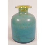 An art glass bottle vase in shades of green, 5½" high x 4" wide