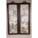 A pair of Chinese polychrome porcelain panels decorated with a mountain and river landscape, in