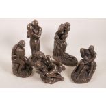 Five composition figurines of nude couples in an embrace, largest 9½" high