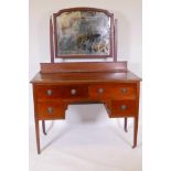 An Edwardian inlaid mahogany kneehole dressing table with four drawers and swing mirror, 45" x 20" x