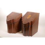 A pair of George III mahogany knife boxes with serpentine fronts and inlaid banding, 14" high