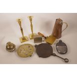 A quantity of metal wares including a copper Thermos jug, a patent razor blade sharpener,