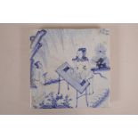A Chinese blue and white pottery tile decorated with a musician in a garden, 8" x 8"