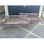 A pair of painted teak garden benches, 61" long