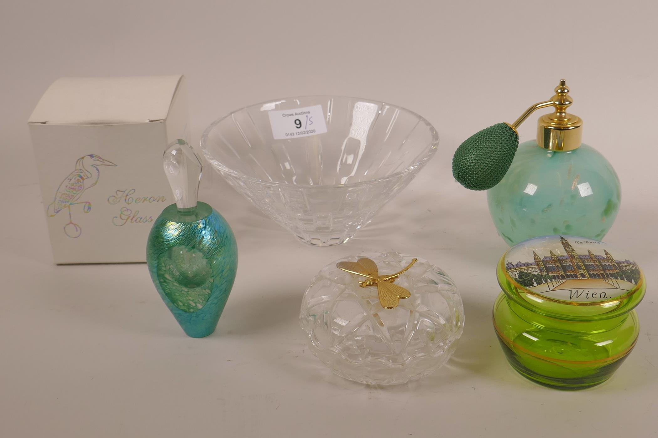 A Stuart lead crystal bowl, plus two scent bottles in decorative art glass, a cut glass trinket